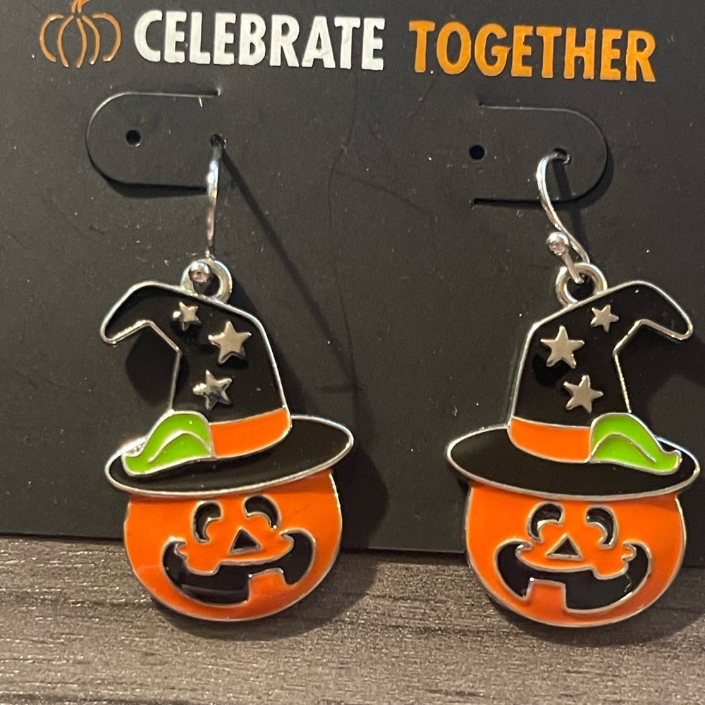 Halloween Pumpkin Earrings with Witch Hats